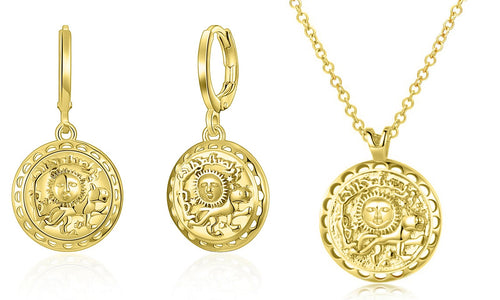 Roman Ingrain Medallion Earrings & Necklace Set in 18K Gold