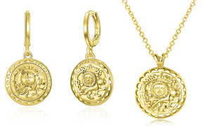 Roman Ingrain Medallion Earrings & Necklace Set in 18K Gold