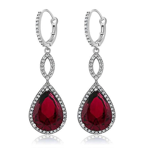 Ruby Pave Teardrop Infinity Drop Embellished with Swarovski Crystals in 18K White Gold Plated