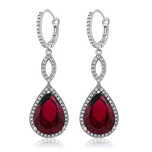 Ruby Pave Teardrop Infinity Drop Embellished with Swarovski Crystals in 18K White Gold Plated