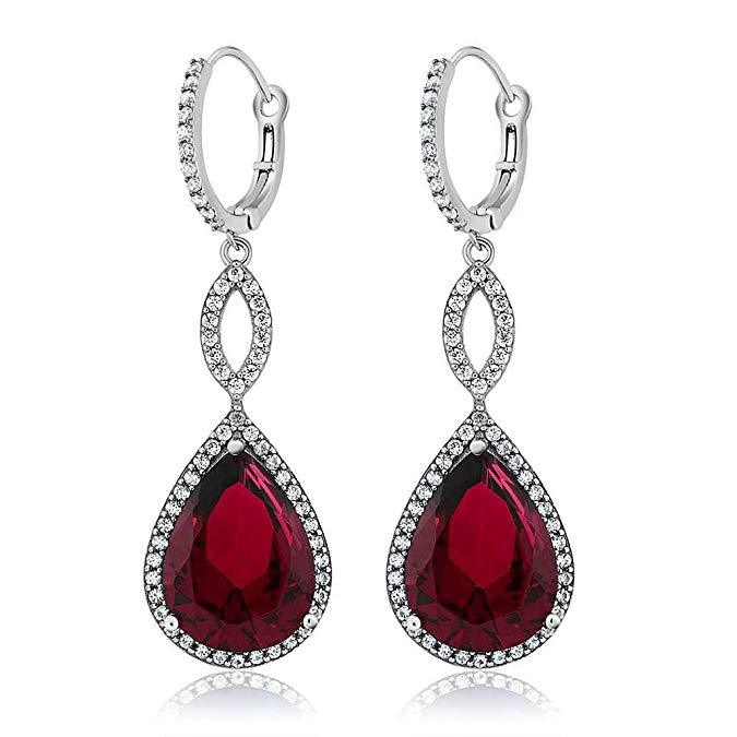 Ruby Pave Teardrop Infinity Drop Embellished with Swarovski Crystals in 18K White Gold Plated