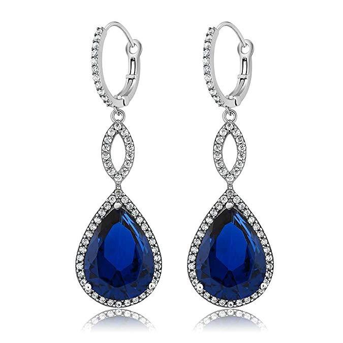Sapphire Pave Teardrop Infinity Drop Embellished with Swarovski Crystals in 18K White Gold Plated