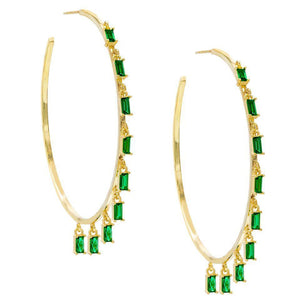 Pave Mini Baugette Dainty Emerald 1.4" Hoop Earring Embellished with Swarovski Crystals in 18K Gold Plated