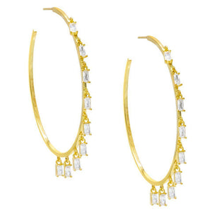 Pave Mini Baugette Dainty White Topaz 1.4" Hoop Earring Embellished with Swarovski Crystals in 18K Gold Plated