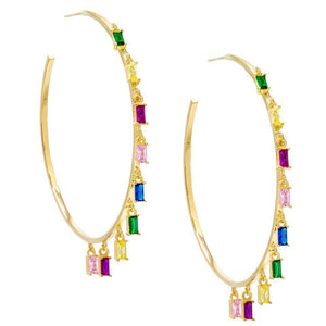 Pave Mini Baugette Dainty Rainbow 1.4" Hoop Earring Embellished with Swarovski Crystals in 18K Gold Plated