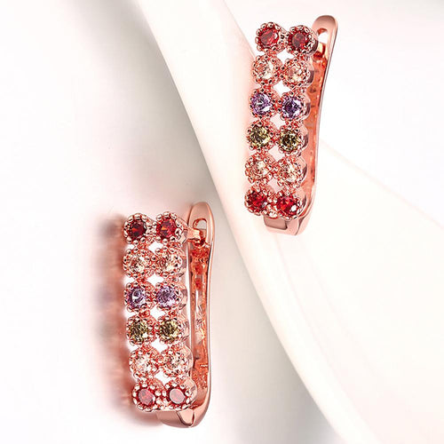 Two Lined Rainbow Swarovski Leverback in 14K Rose Gold