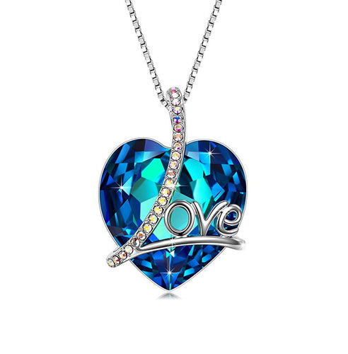 Swarovski Crystals 5.00 Ct Bermuda Blue LOVE with AB Stones  Necklace