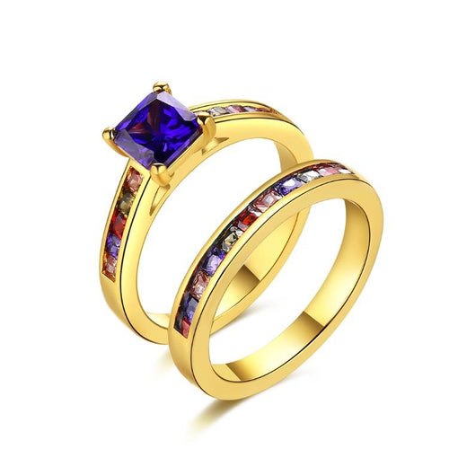 Rainbow Crystals Duo Band Gold Ring