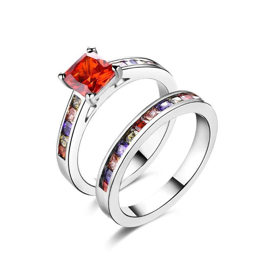 Rainbow Crystals Duo Band Rings in White Gold