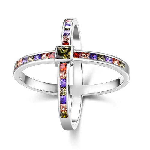 Rainbow Crystals Criss-Cross Statement Ring Set in White Gold