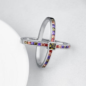 Rainbow Crystals Criss-Cross Statement Ring Set in White Gold