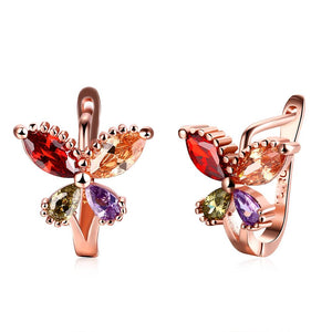 Rainbow Swarovski Butterfly Clip On Earrings in 14K Rose
