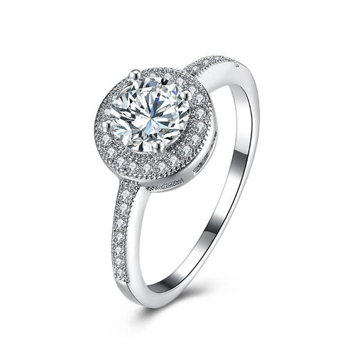 Pave Round Halo Disc 4 Prong Ring in 18K White Gold Plated
