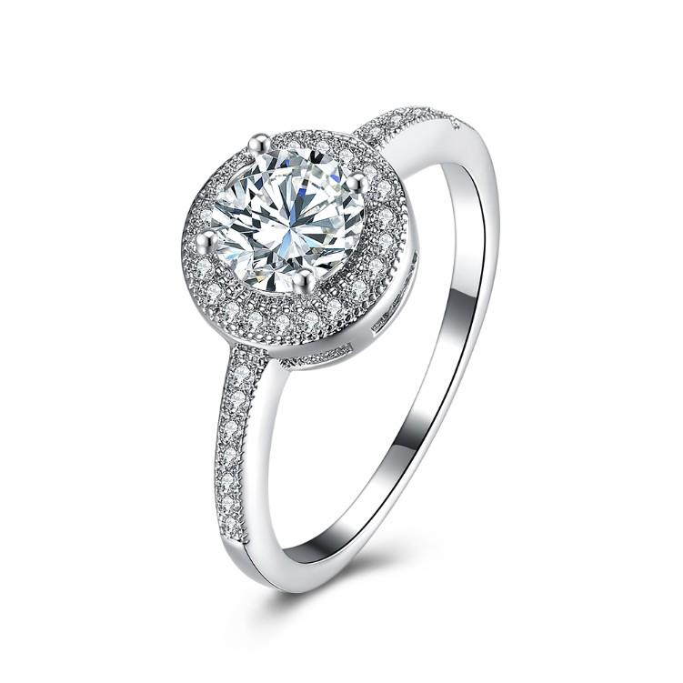 Pave Round Halo Disc 4 Prong Ring in 18K White Gold Plated