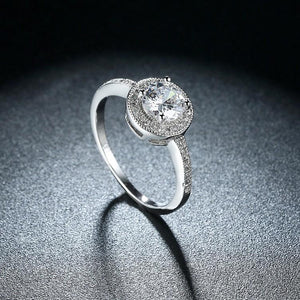 Pave Round Halo Disc 4 Prong Ring in 18K White Gold Plated