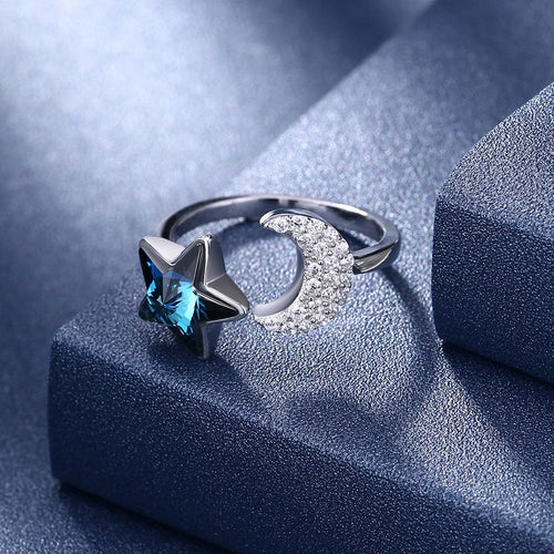 Sterling Silver Blue Swarovski & Moon Adjustable Ring