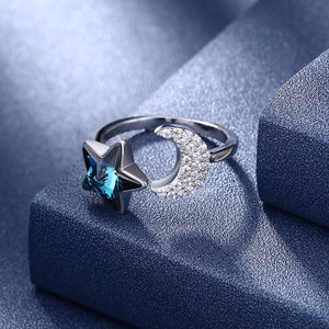 Sterling Silver Blue Swarovski & Moon Adjustable Ring
